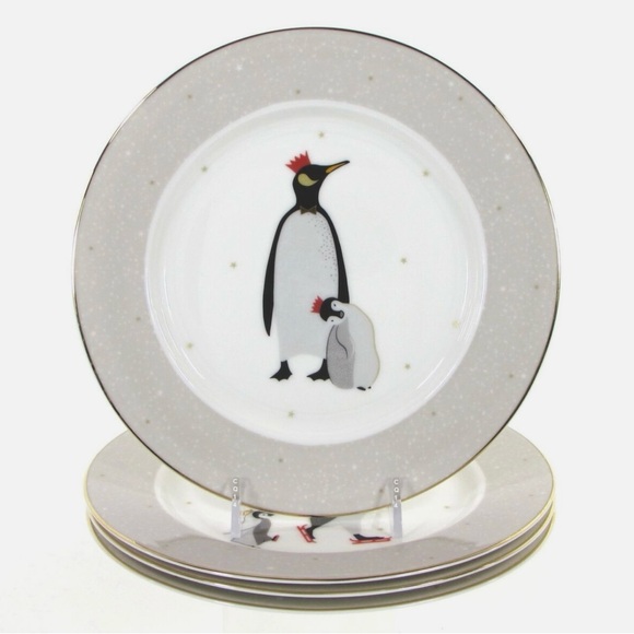Portmeirion London NWT Sarah Miller 4 Christmas Penguins Plates & 1 Cake Plate - Picture 10 of 11